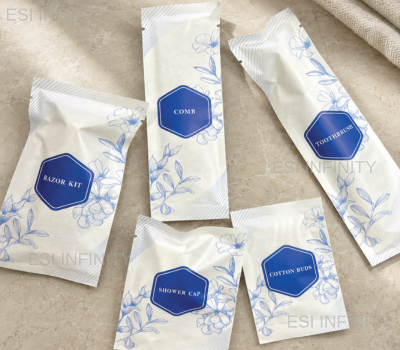 White hotel amenity sachets and pouches