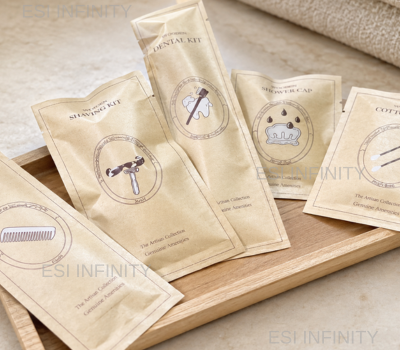 Hotel amenity sachets and pouches